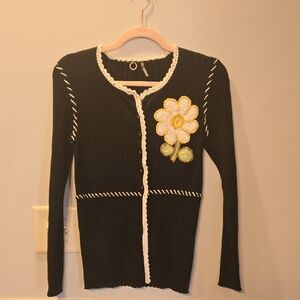 One Girl Who Small Black Ribbed Cardigan Sweater with Crocheted Flower
